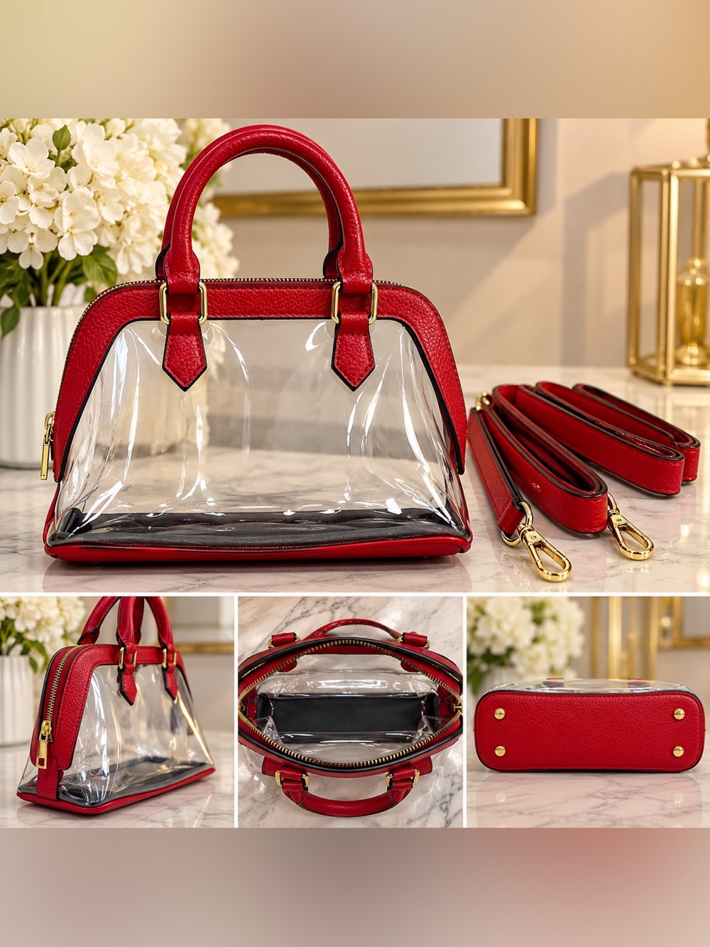 Red Clear Crossbody Satchel with Red Trim